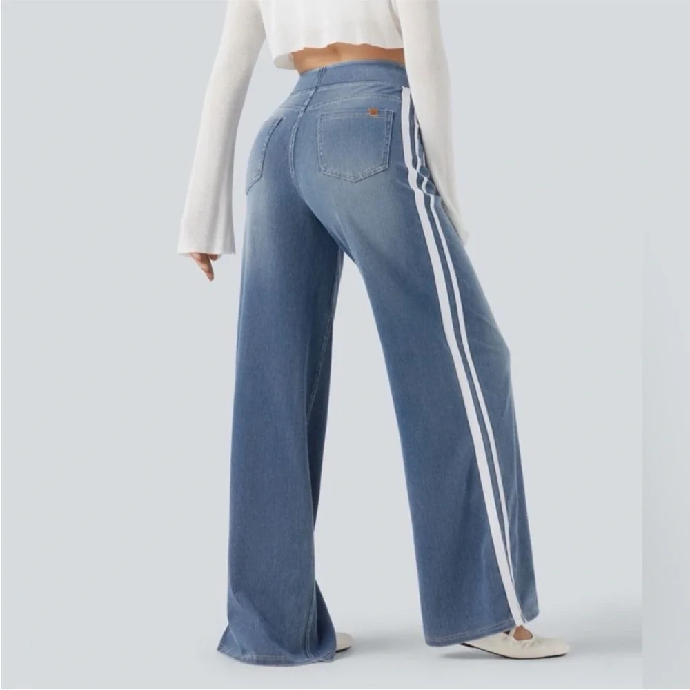 NWOT Halara Flex High Waisted Stripe Wide Leg Flowy Washed Casual Jeans Pockets - Picture 2 of 7